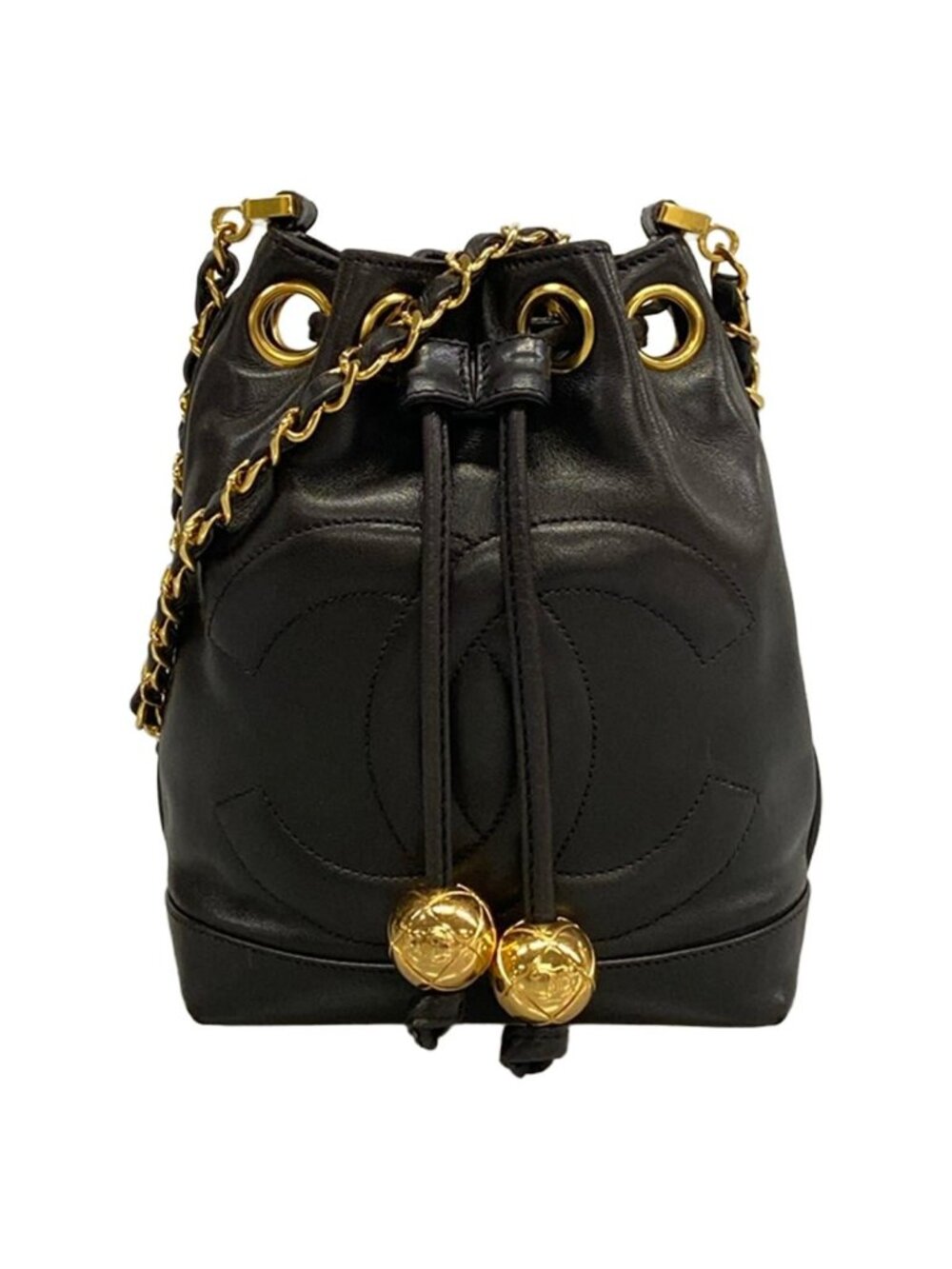 Chanel Shoulder Bag Black Chain Gold Drawstring CC Logo Lambskin